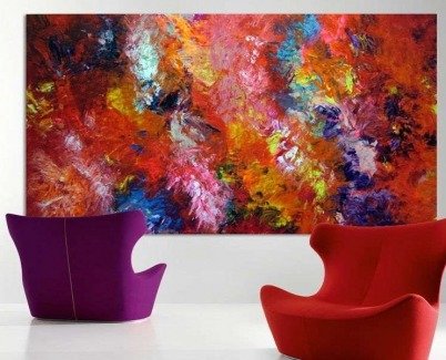 red and purple painting and two chairs