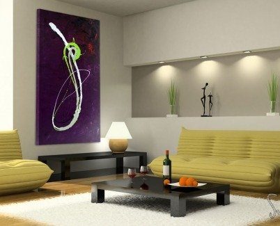 Purple and lime green painting in an apartment