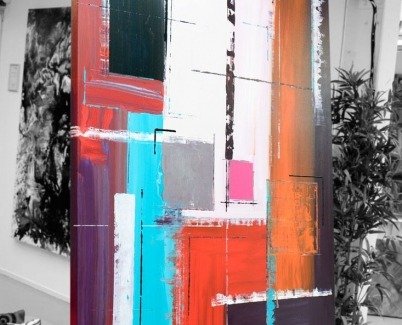 Tall piece of contemporary art on a stand