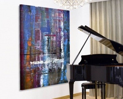 Piano with a large blue art work behind it