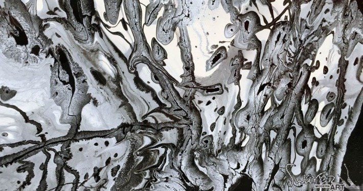 Close-up of black painting callled Black Clouds and Silver Linings (2) Black Clouds and Silver Linings