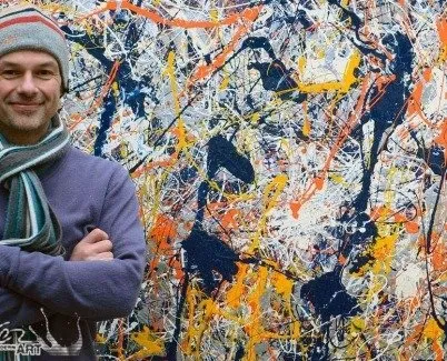 Replica of Pollock's blue Poles and Swarez the artist