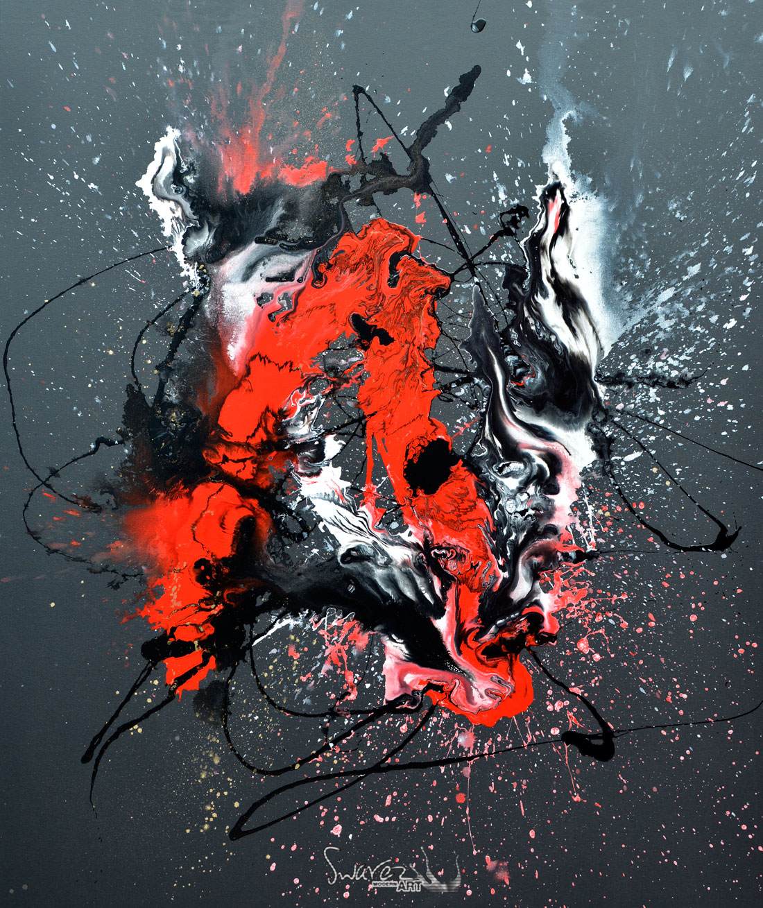 Red and black painting called 'Black Magic', a large original abstract by  Swarez Art