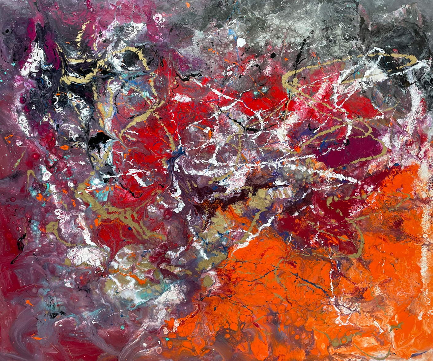 Large orange and pink abstract painting with silver and purple accents