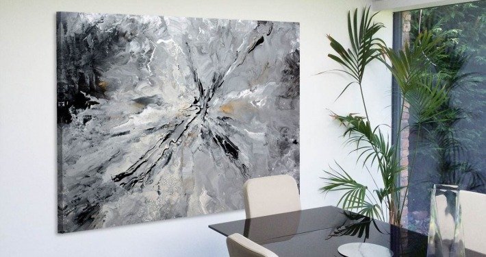 Large grey contemporary painting in a dining room