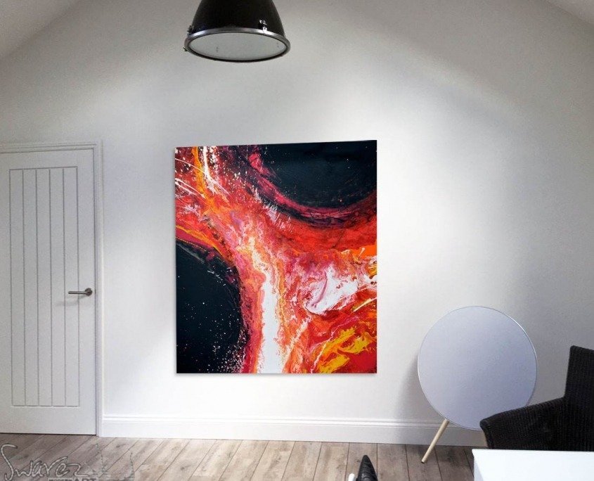 Contemporary red and white artwork in a white contemporary space