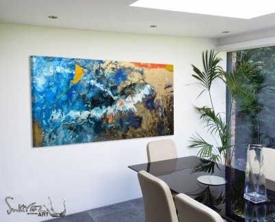 blue and gold abstract art in dining room