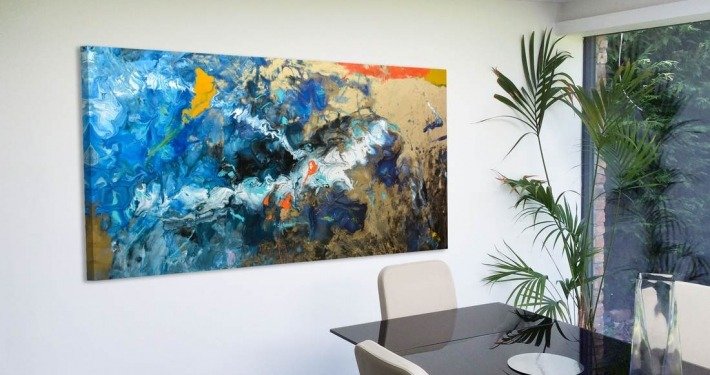 blue and gold abstract art in dining room