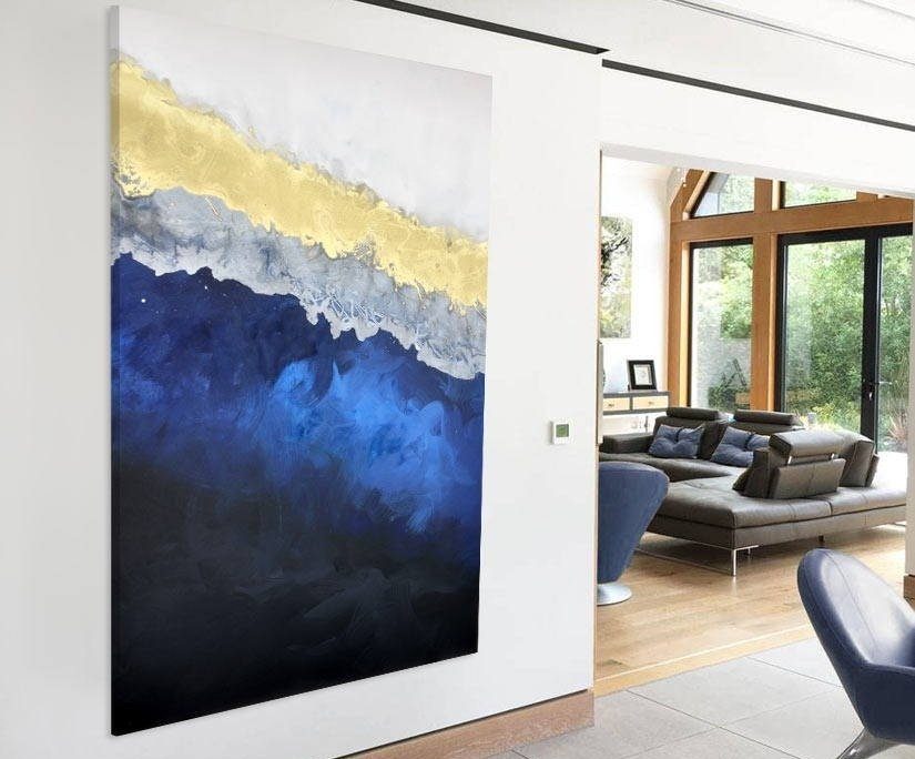 blue gold art work in a modern living space