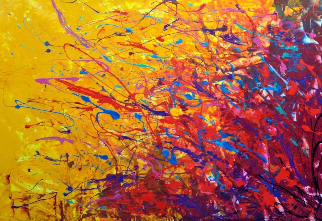 A fiery red and orange original abstract painting called 'Flank Eruption'
