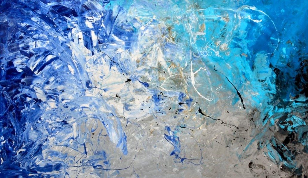 Blue abstract art painting with hints of silver and white Original Swarez art