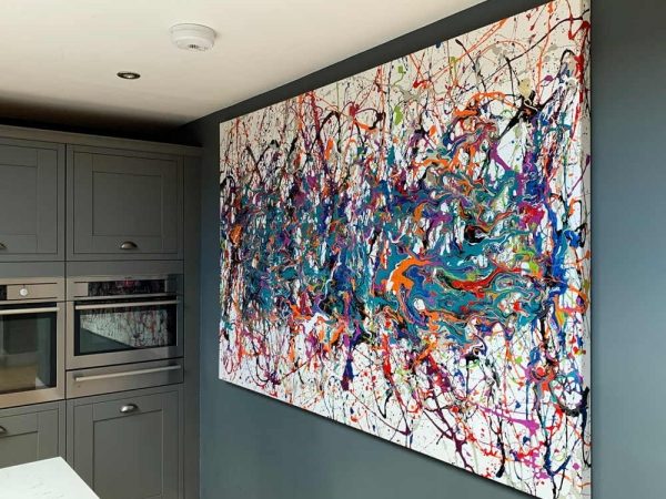 multi coloured Pollock style drip painting in a kitchen