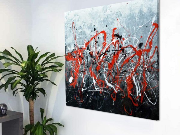 medium size abstract painting in red black and white
