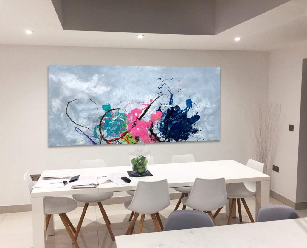Long rectangular abstract art with grey, blue and pink colours by Swarez