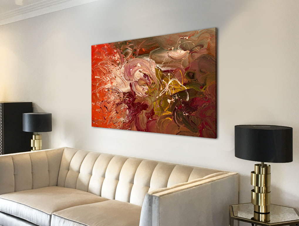 Warm orange and maroon original abstract painting by Swarez Art