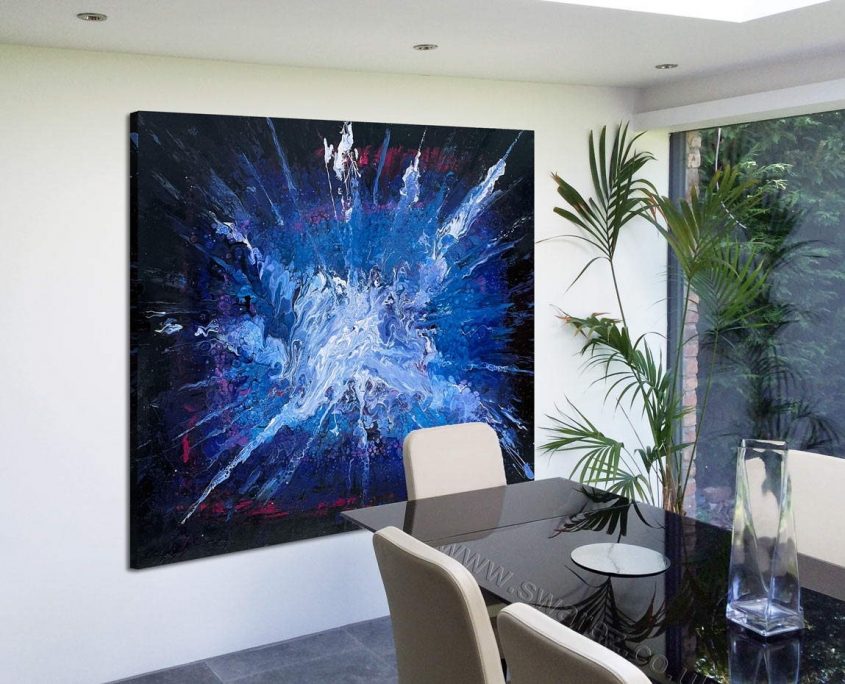 blue black and white modern art by dining table