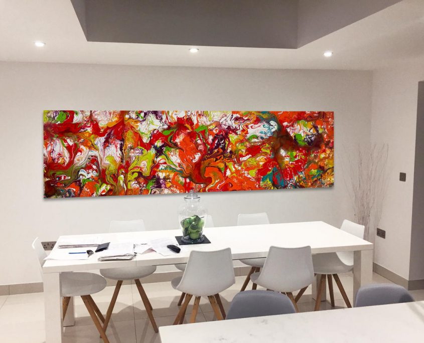 long orange and red painting above dining table