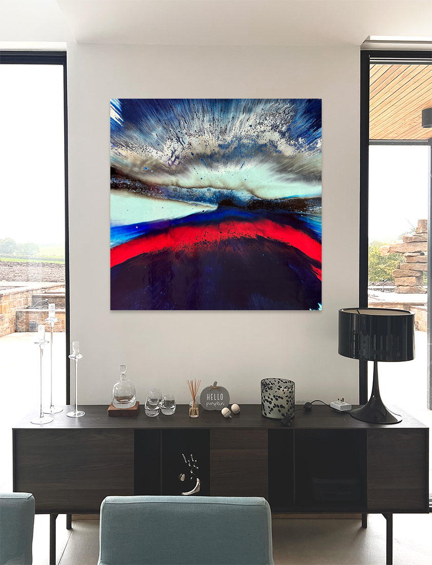 blue-and-red-abstract-painting-above-console-table
