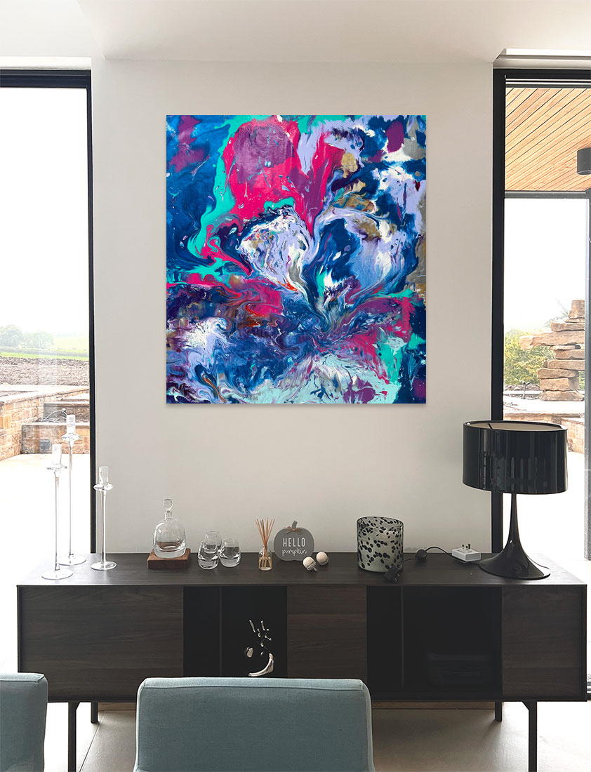 Pink and blue abstract painting with aqua hints - 'Maxima', Swarez