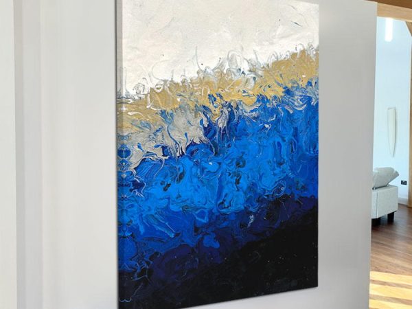 blue and gold art hanging portrait on an entrance wall