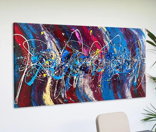 large abstract painting in blue and purple