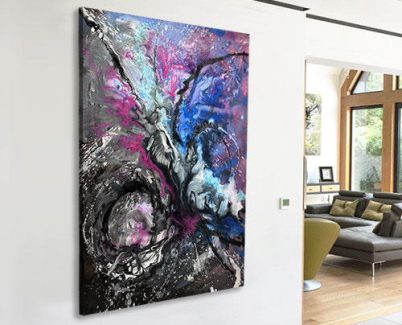 pink blue and black painting like a universe