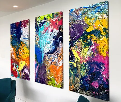 large colorful three panel abstract art