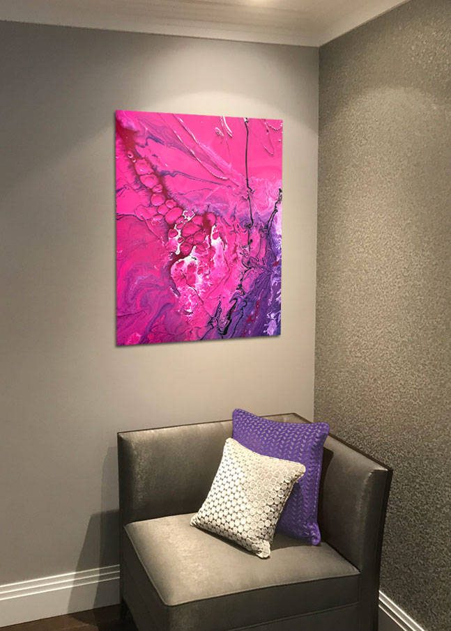 MOMENTUS-ACRYIC-PRINT pink and purple acrylic art print above a casual chair