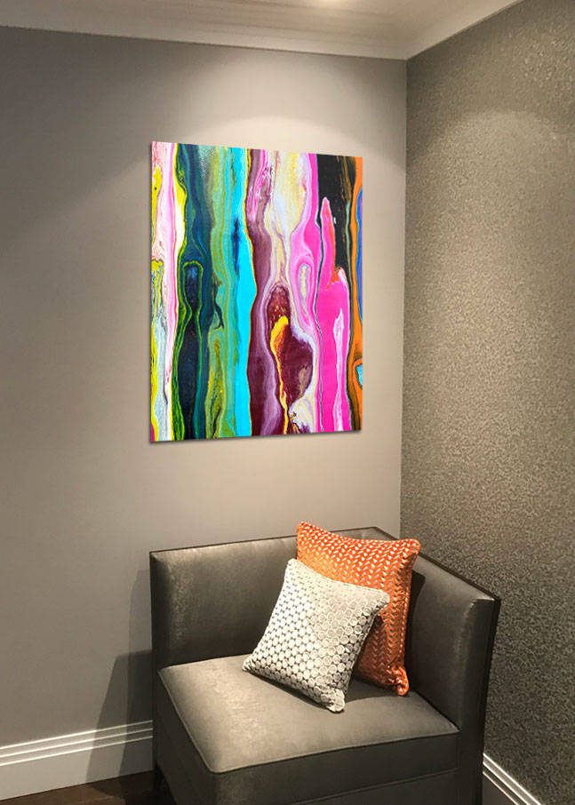 MOVING-PICTURES-ACRYIC-PRINT coloured stripes acrylic art print above a casual chair