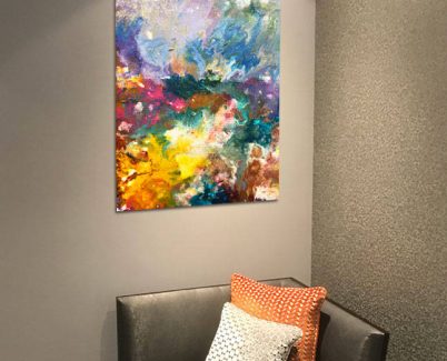 pastel flowers abstract acrylic art print above a casual chair