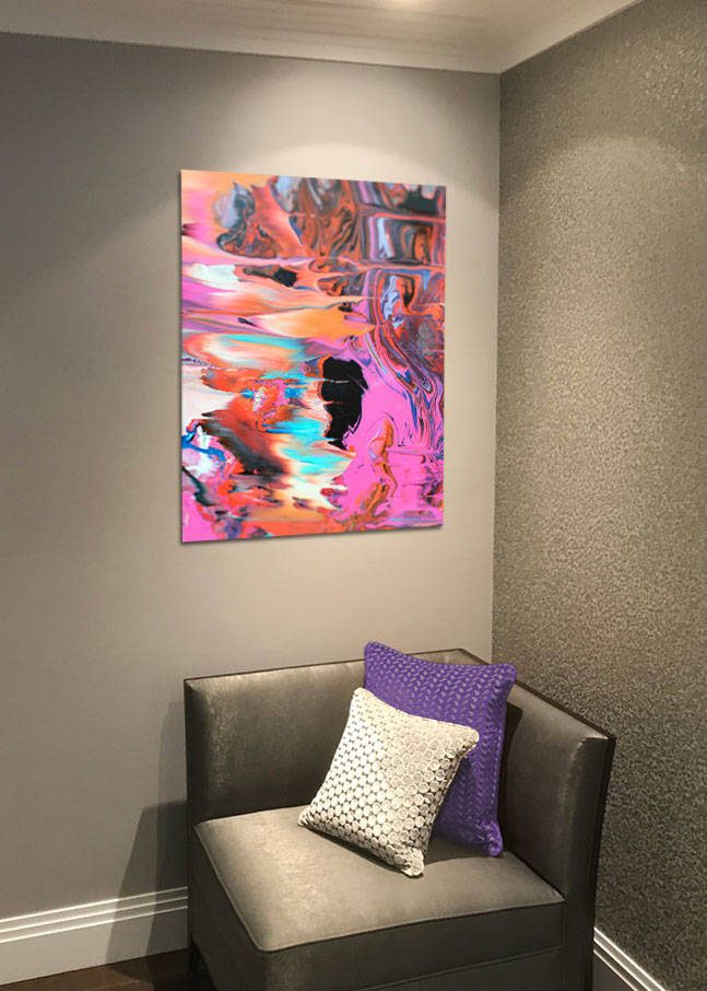 SAHARA-ACRYIC-PRINT orange pastel acrylic art print above a casual chair