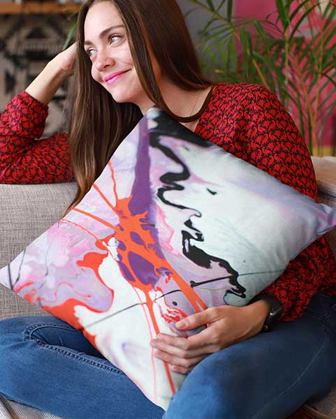 girl with pillow on sofa