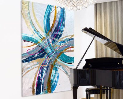 blue green and gold abstract art by a paino