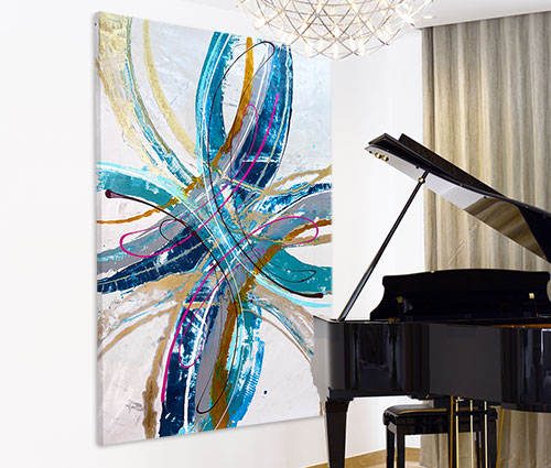 blue green and gold abstract art by a paino
