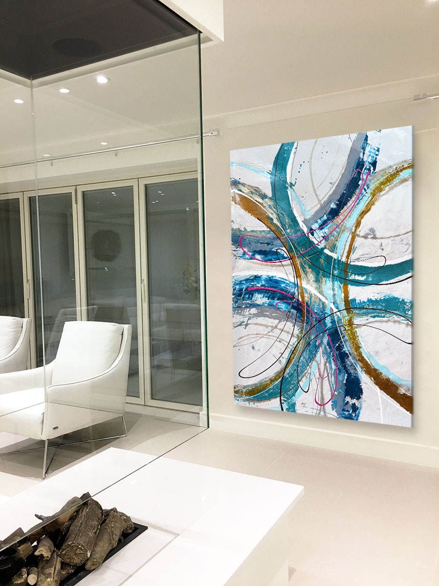 contemporary glass interior with green and gold abstract art by a fireplace contemporary glass interior with green and gold abstract art by a fireplace