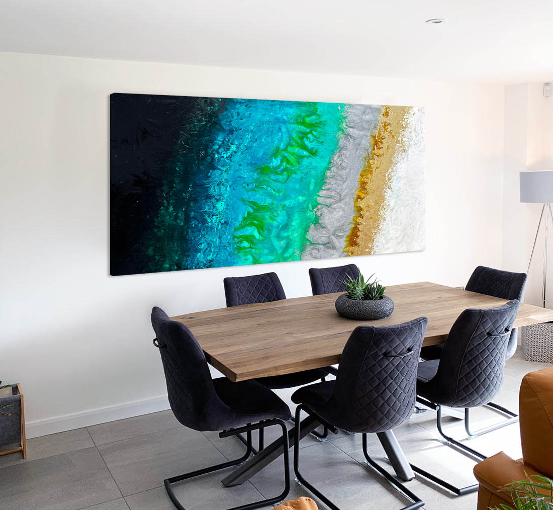 dining room table and chairs with a green gold and black abstract painting hanging above it dining room table and chairs with a green gold and black abstract painting hanging above it