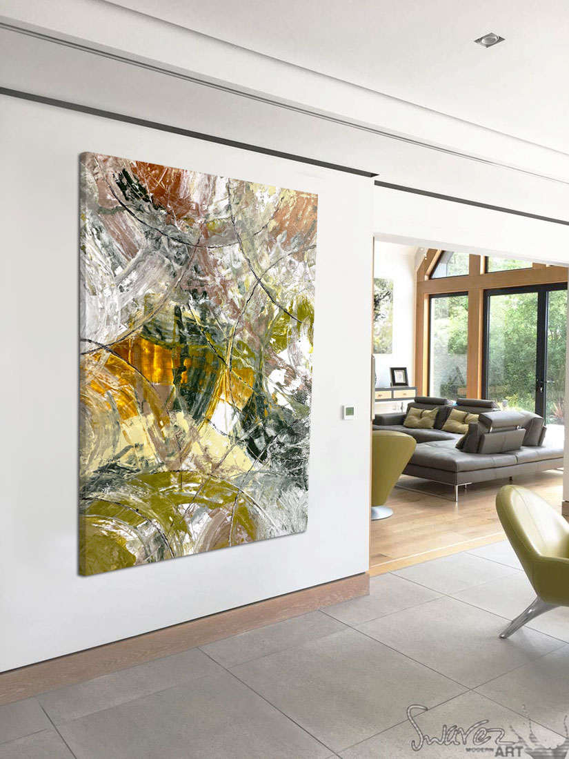 green and gold modern art in a large living space green and gold modern art in a large living space