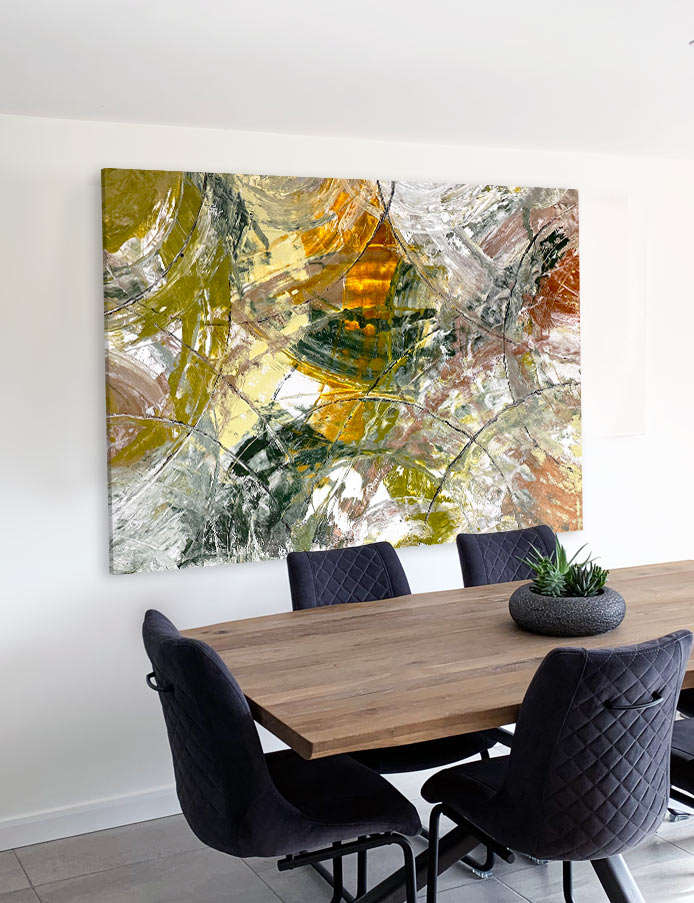 large green and gold abstract painting in a dining room large green and gold abstract painting in a dining room