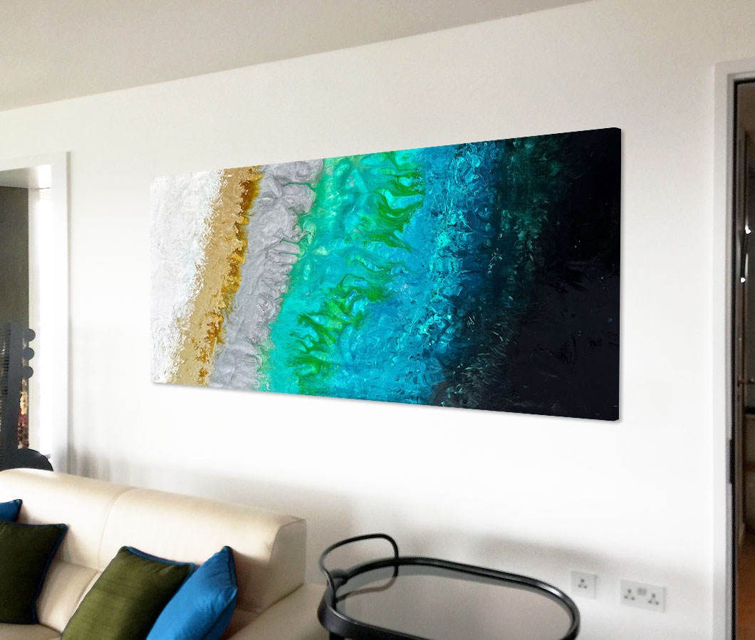long asbtract painting with green and gold metallic paints hanging above a sofa long asbtract painting with green and gold metallic paints hanging above a sofa