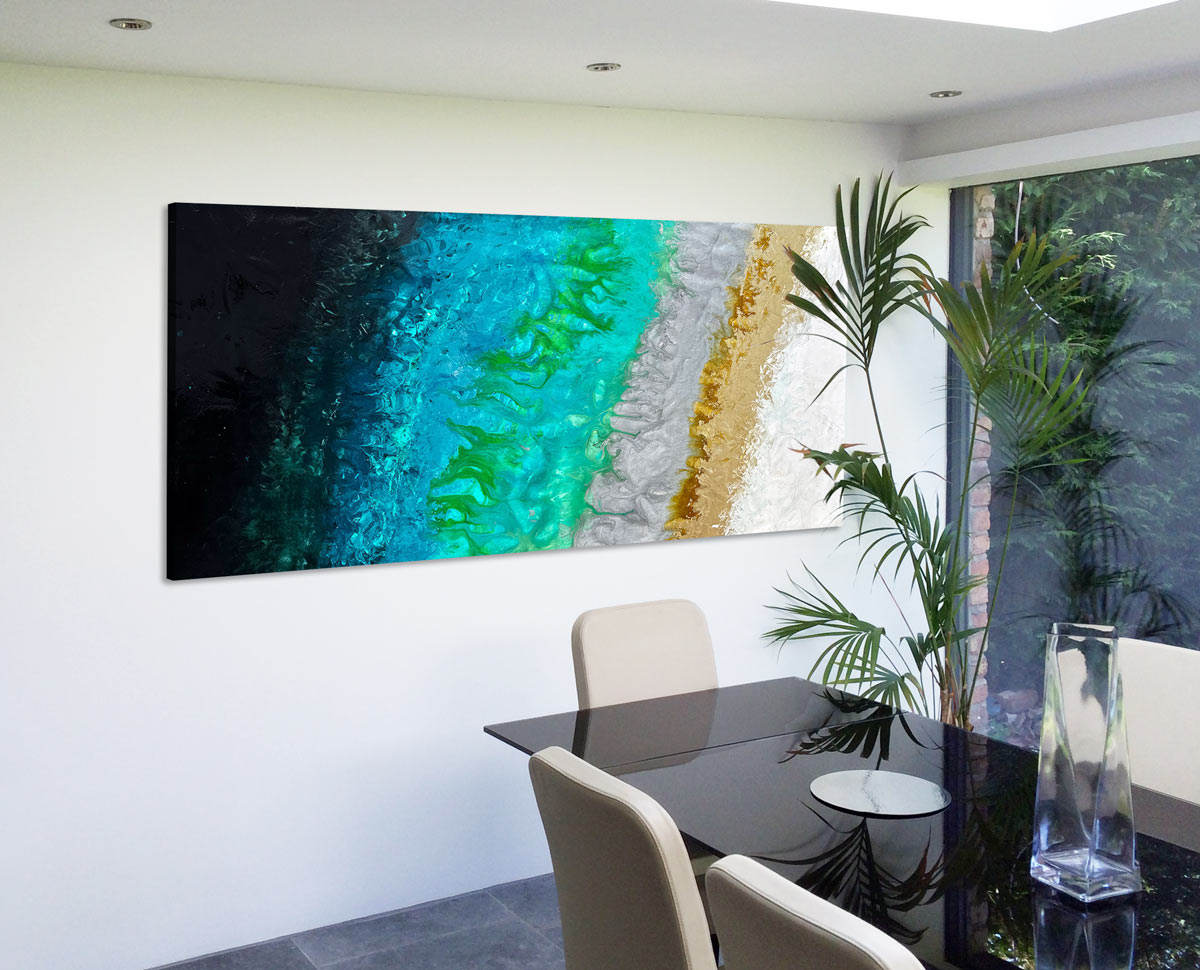 ocean themed modern painting hanging by a smoked black glass dining table ocean themed modern painting hanging by a smoked black glass dining table